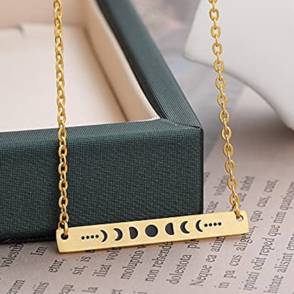 NEW Yellow Gold Plated‎ Celestial Moon Phase Bar Pendant Necklace, 16-18”